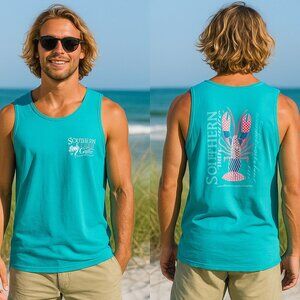 Southern Fried Cotton Tank Top Blue with Pink Lobster Men's L